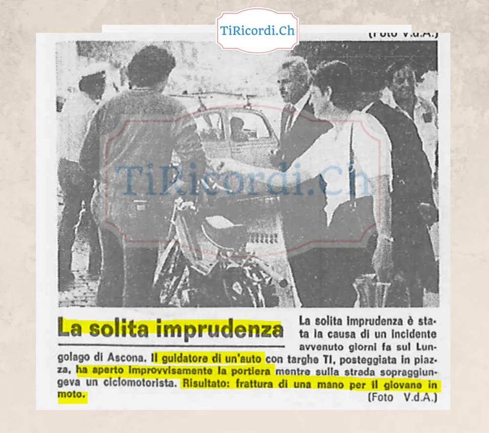 La solita imprudenza: portiera aperta sul Lungolago di Ascona, frattura a una mano per un ciclomotorista, ottobre 1983