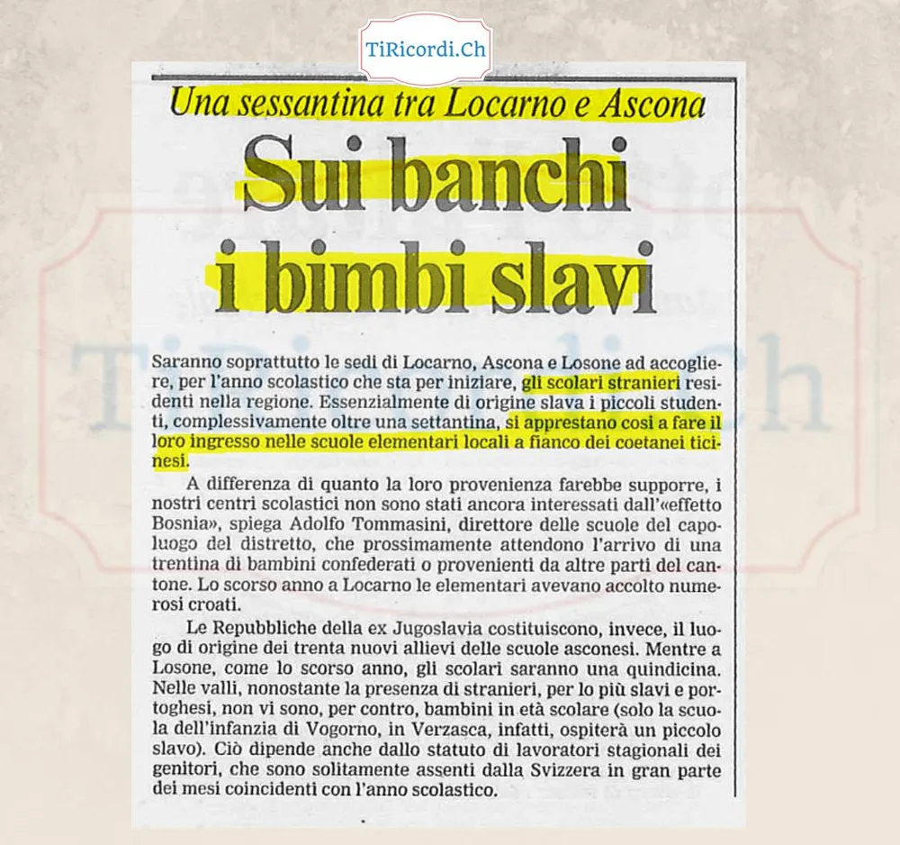 Sui banchi i bimbi slavi: una settantina di scolari stranieri nelle elementari fra Locarno e Ascona, agosto 1992