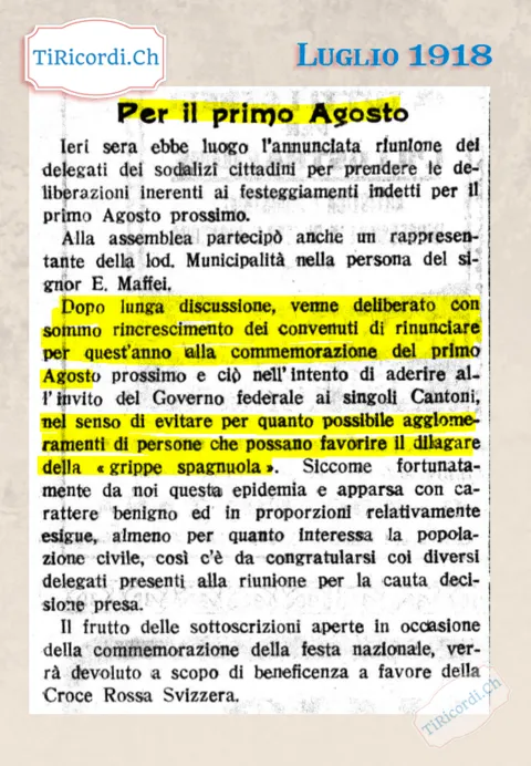 Per il primo agosto: rinunciare alla festa nazionale per evitare agglomeramenti che favoriscano il dilagare della grippe spagnola, 1918