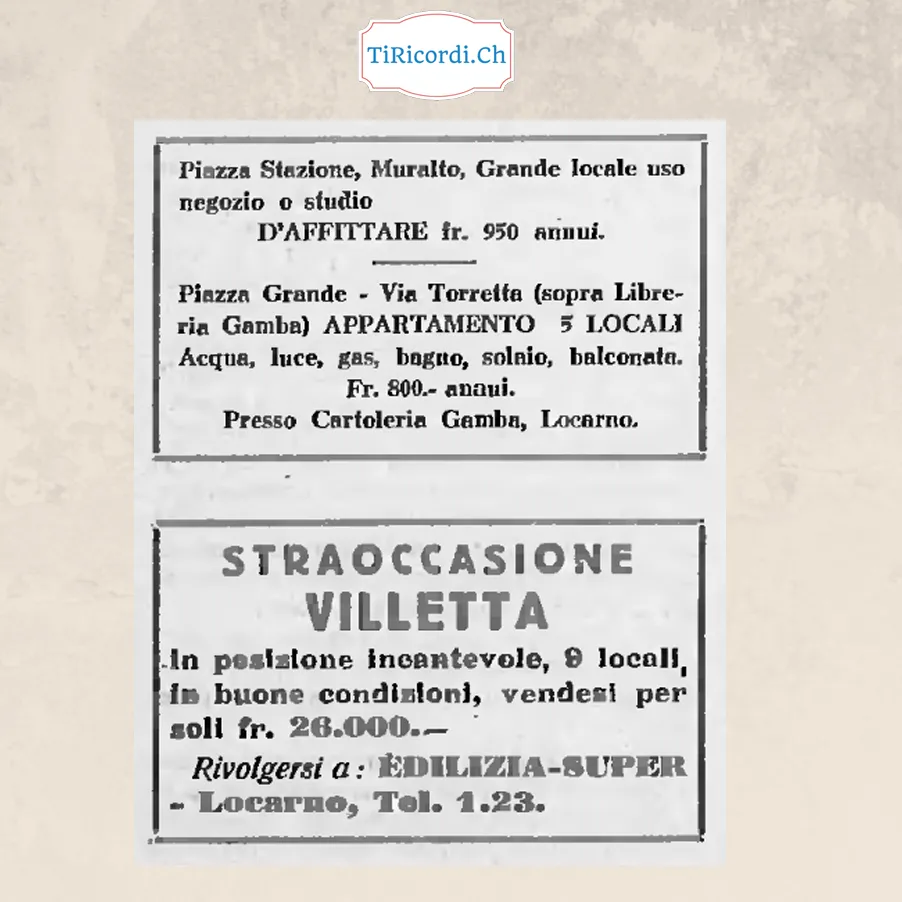 Piazza Stazione a Muralto, grande locale a 950 franchi annui; appartamento di 5 locali con acqua, luce, gas e bagno in Piazza Grande a 800 franchi; villetta di 9 locali per soli 26.000 franchi, 1938