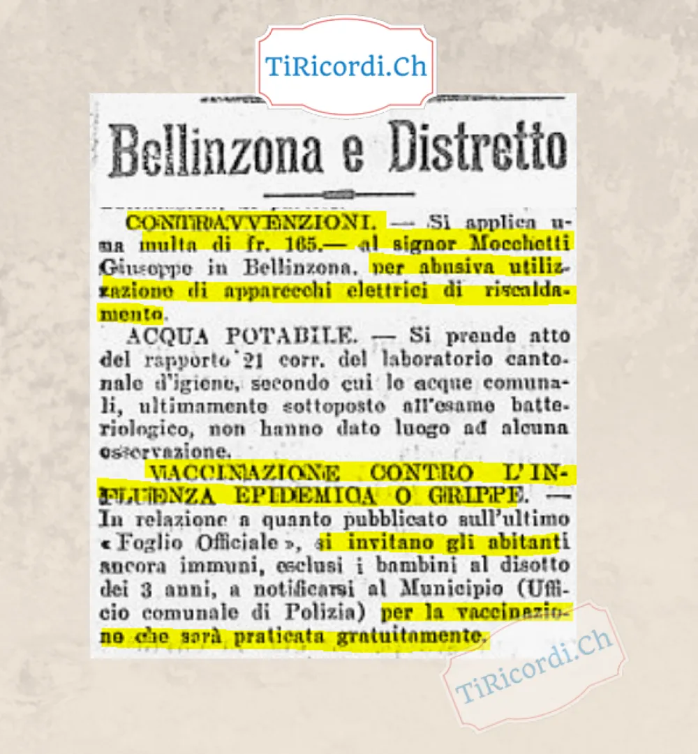 Bellinzona: multa di 165 franchi per abusiva utilizzazione di apparecchi elettrici di riscaldamento, e vaccinazione gratuita contro la grippe, 1919