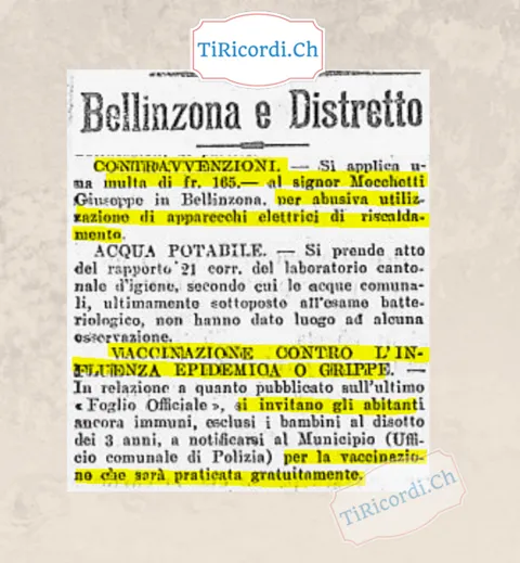 Bellinzona: multa di 165 franchi per abusiva utilizzazione di apparecchi elettrici di riscaldamento, e vaccinazione gratuita contro la grippe, 1919