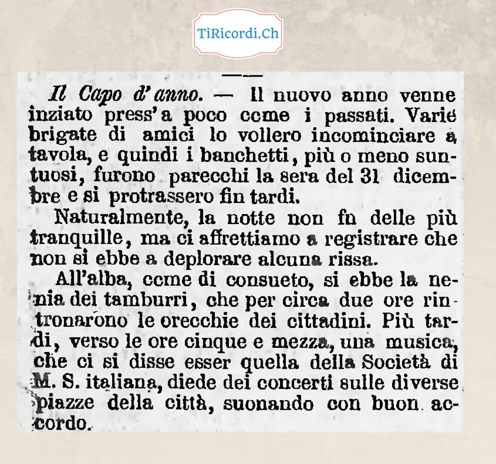 Capodanno a Lugano: banchetti fino a tardi, tamburi all'alba, nessuna rissa, 1885