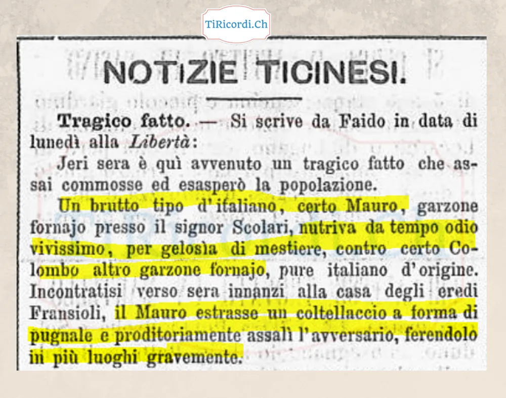 Faido: garzone fornaio accoltella il rivale per gelosia di mestiere, 1888
