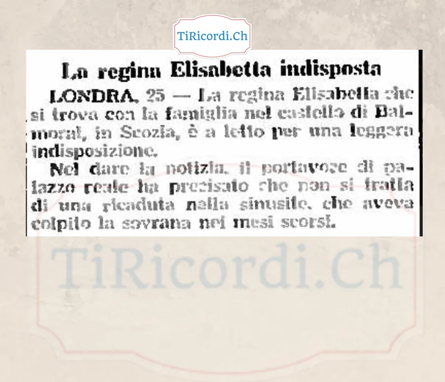 La regina Elisabetta indisposta: è a letto nel castello di Balmoral per una leggera indisposizione, ma il portavoce precisa che non si tratta di una ricaduta nella sinusite, 1958
