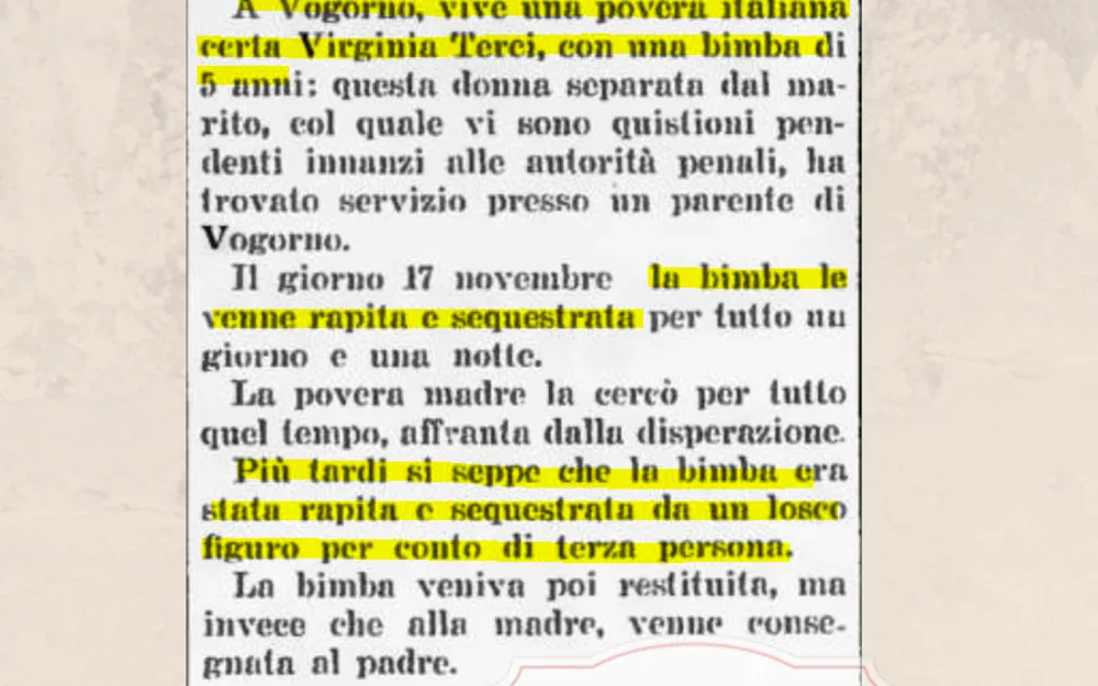 Bimba di 5 anni rapita a Vogorno per un giorno e una notte, poi consegnata al padre invece che alla madre, 1908