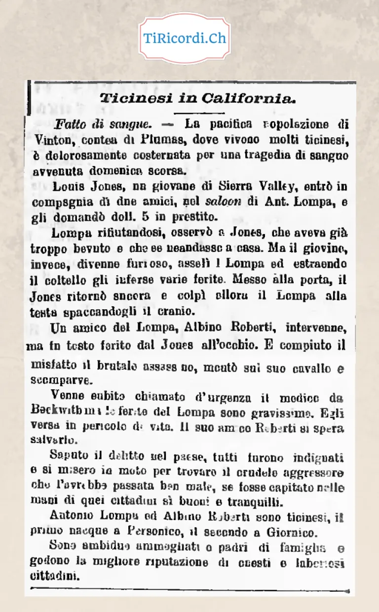 Fatto di sangue a Vinton, California: un ticinese di Personico col cranio spaccato per 5 dollari, 1898