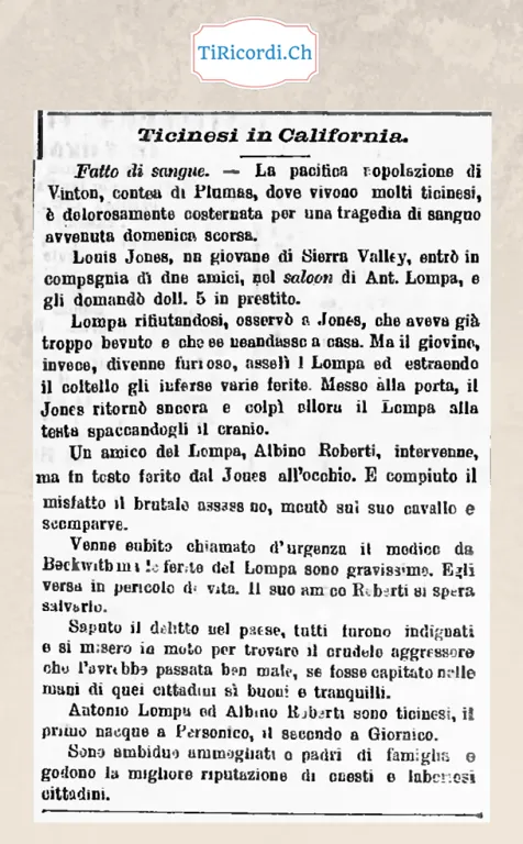 Fatto di sangue a Vinton, California: un ticinese di Personico col cranio spaccato per 5 dollari, 1898