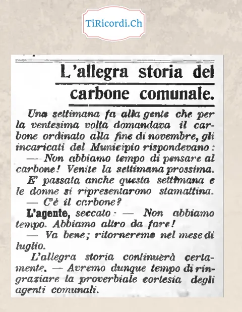 L'allegra storia del carbone comunale: ordinato a fine novembre, in febbraio gli agenti rispondono ancora non abbiamo tempo, Locarno 1918