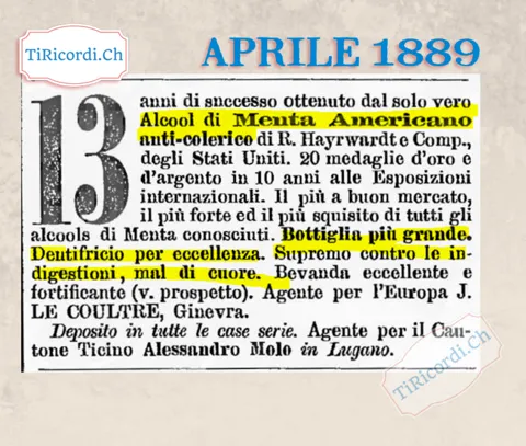 Alcool di Menta Americano anti-colerico: dentifricio, digestivo e rimedio per il cuore, 1889