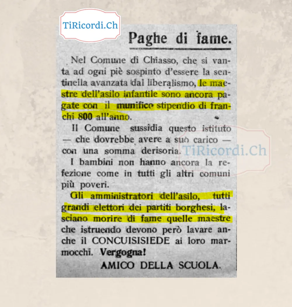Paghe di fame: a Chiasso le maestre dell'asilo infantile pagate 800 franchi l'anno, e devono lavare anche il concuisisiede ai marmocchi, 1918