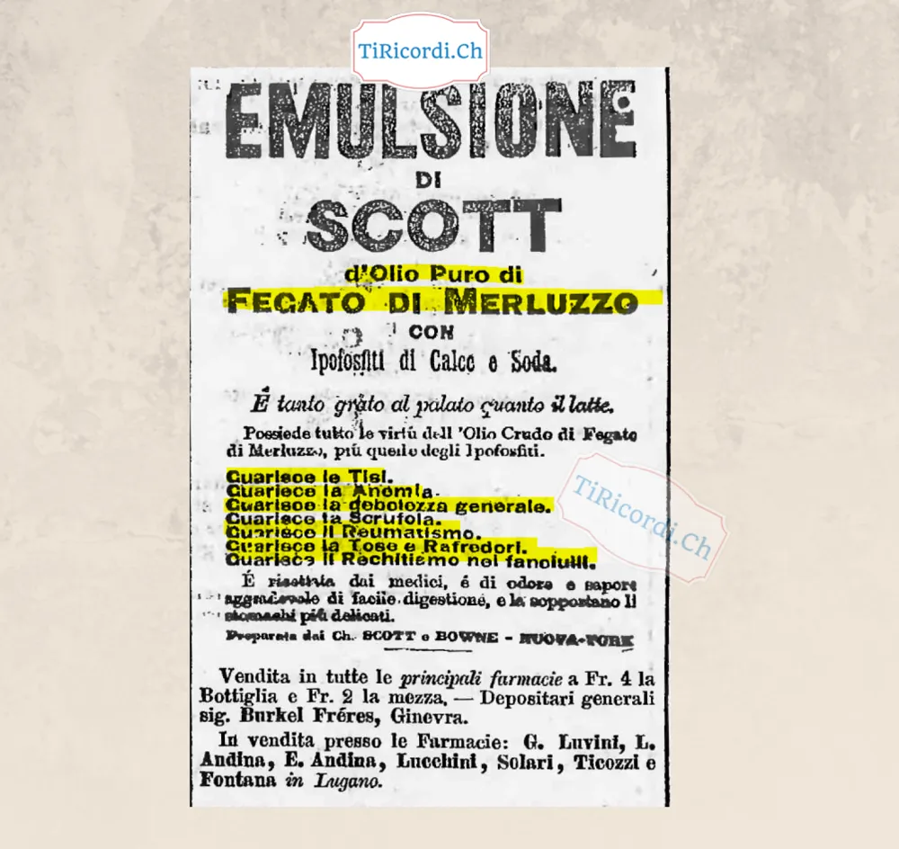 Emulsione di Scott a 4 franchi la bottiglia, 2 la mezza: prezzi ribassati, 1888