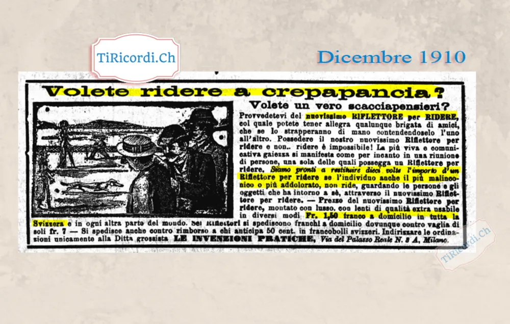 Volete ridere a crepapancia? Il Riflettore per ridere a 1,50 franchi, e dieci volte l'importo se il più malinconico non ride, 1910