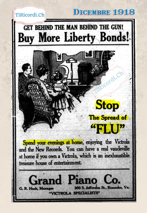 Stop the spread of flu: passate le serate a casa con la Victrola e i nuovi dischi, e comprate più Liberty Bonds, 1918