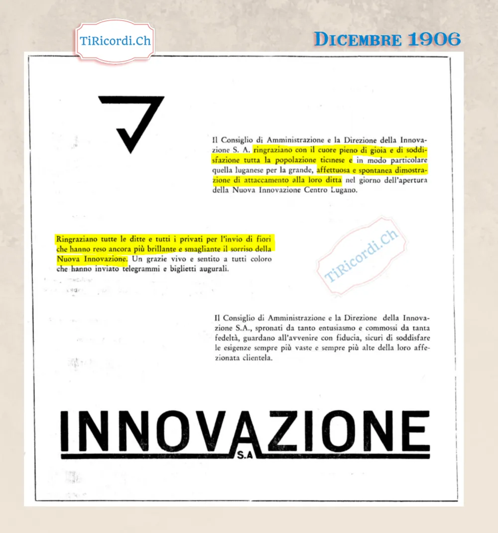 Il Consiglio di amministrazione dell'Innovazione ringrazia con il cuore pieno di gioia la popolazione ticinese per la spontanea dimostrazione di attaccamento nel giorno dell'apertura della Nuova Innovazione Centro Lugano, 1966