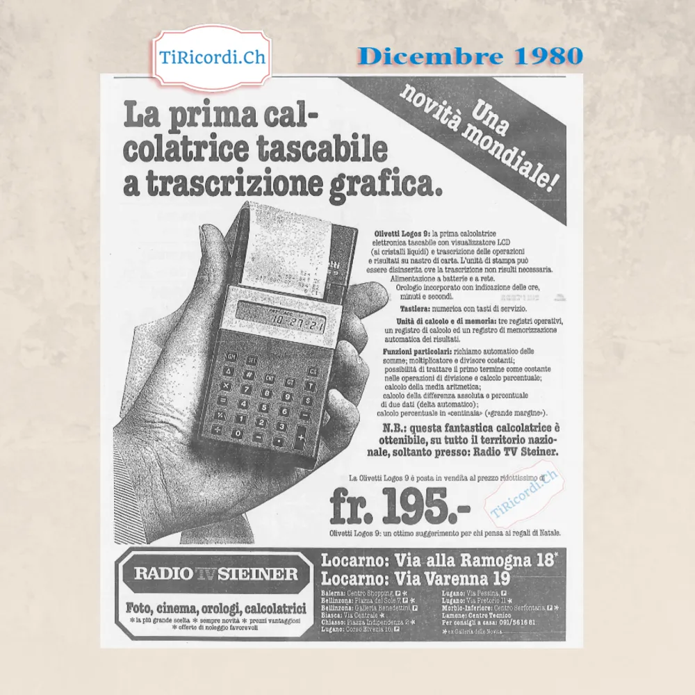 Olivetti Logos 9, la prima calcolatrice tascabile a trascrizione grafica, in vendita a 195 franchi, dicembre 1980