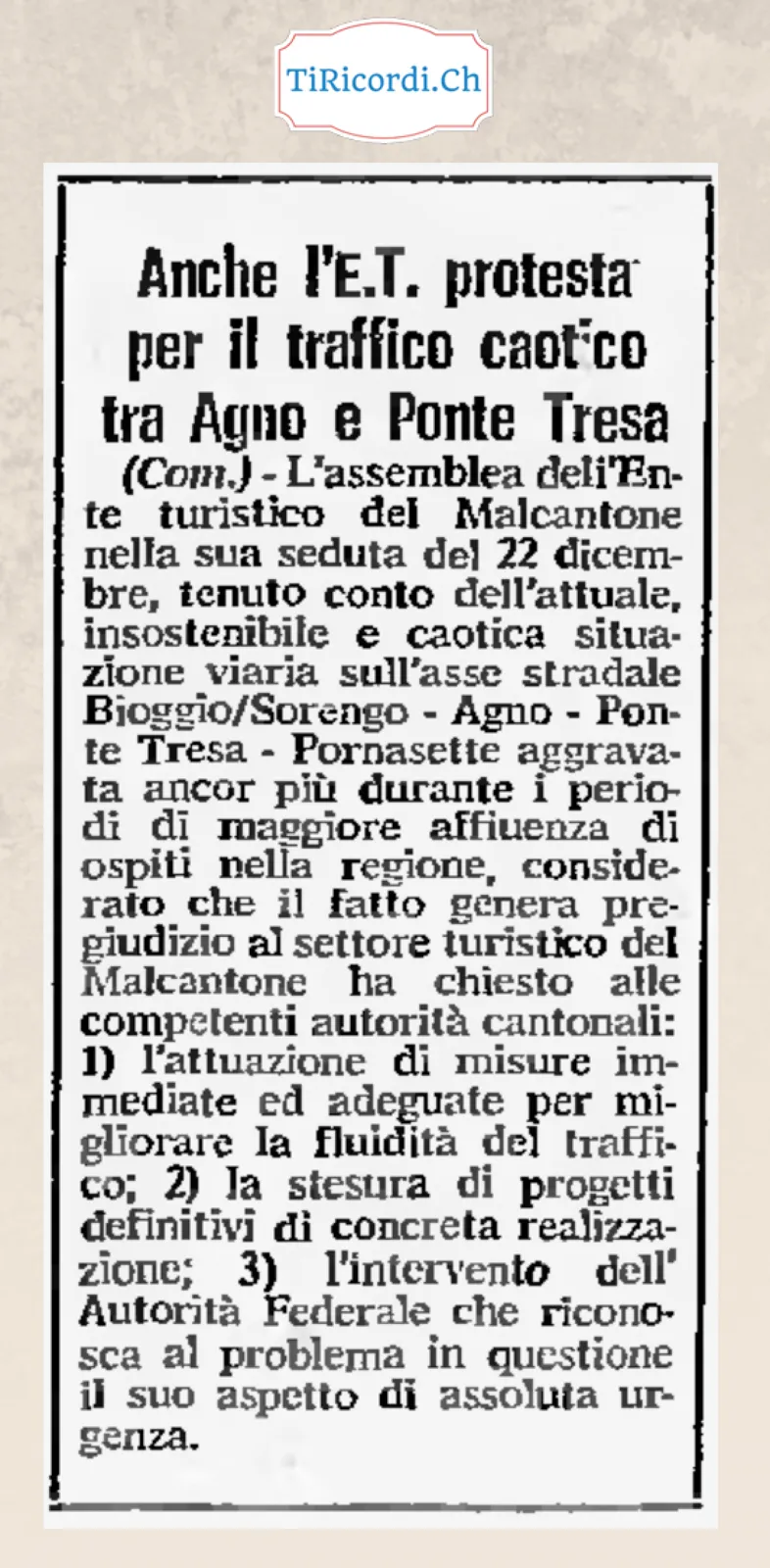 Anche l Ente turistico protesta per il traffico caotico tra Agno e Ponte Tresa, dicembre 1983