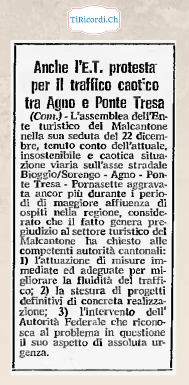Anche l Ente turistico protesta per il traffico caotico tra Agno e Ponte Tresa, dicembre 1983