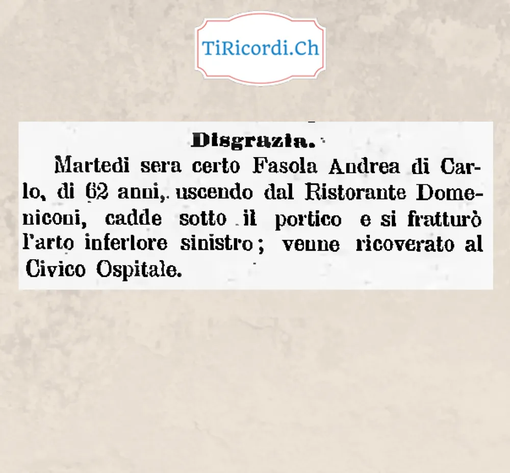 Andrea Fasola, 62 anni, cade sotto il portico uscendo dal Ristorante Domeniconi, 1898