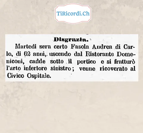 Andrea Fasola, 62 anni, cade sotto il portico uscendo dal Ristorante Domeniconi, 1898