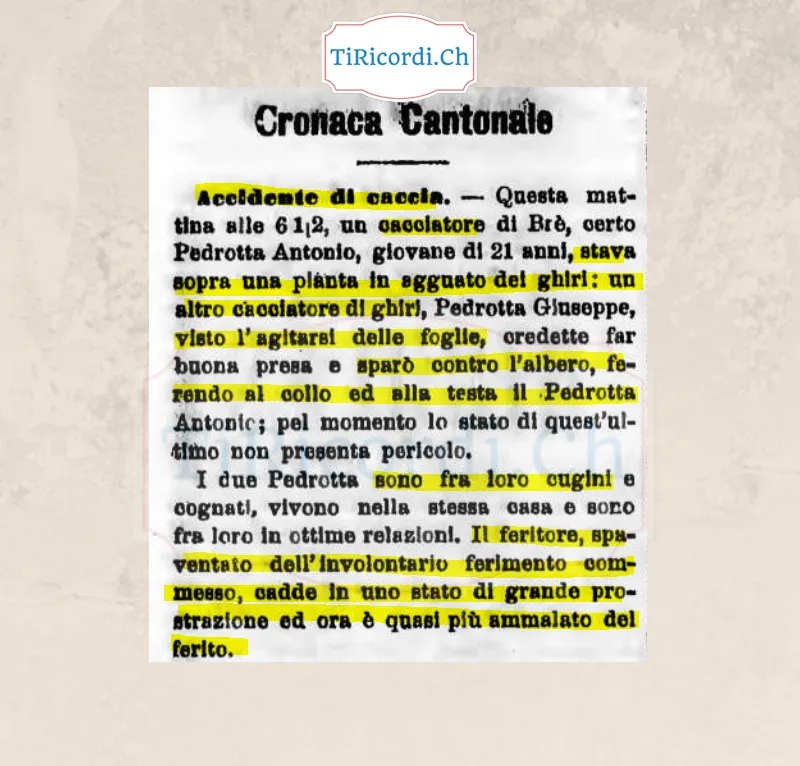 A caccia di ghiri sopra Brè: spara all'albero e ferisce il cugino, 1898