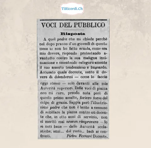 Voci del pubblico: il docente Pietro Ferrari risponde al padre che lo accusa di aver saltato scuola, 1908