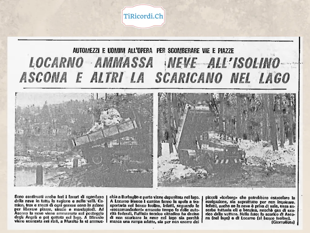 Locarno ammassa neve all'Isolino, Ascona e altri la scaricano nel lago: l'ufficio tecnico decide di non scaricarla in acqua per non creare piccoli iceberg e per non inquinare, 1978