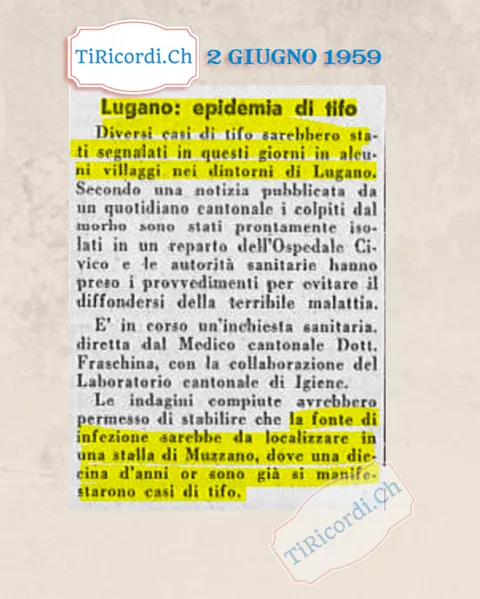 Lugano, epidemia di tifo: diversi casi segnalati in alcuni villaggi nei dintorni, la fonte di infezione sarebbe una stalla di Muzzano dove una decina d'anni prima si erano già manifestati casi, 1959