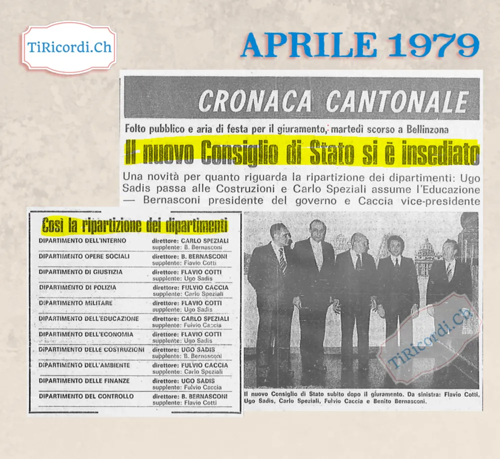 Il nuovo Consiglio di Stato si è insediato: Ugo Sadis passa alle Costruzioni, Carlo Speziali assume l'Educazione, Bernasconi presidente del governo e Caccia vice-presidente, 1979