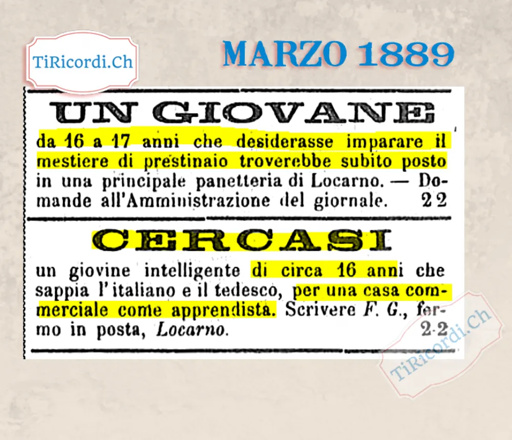 Cercasi giovane di 16 anni per imparare il prestinaio, e uno che sappia il tedesco per il commercio, 1889