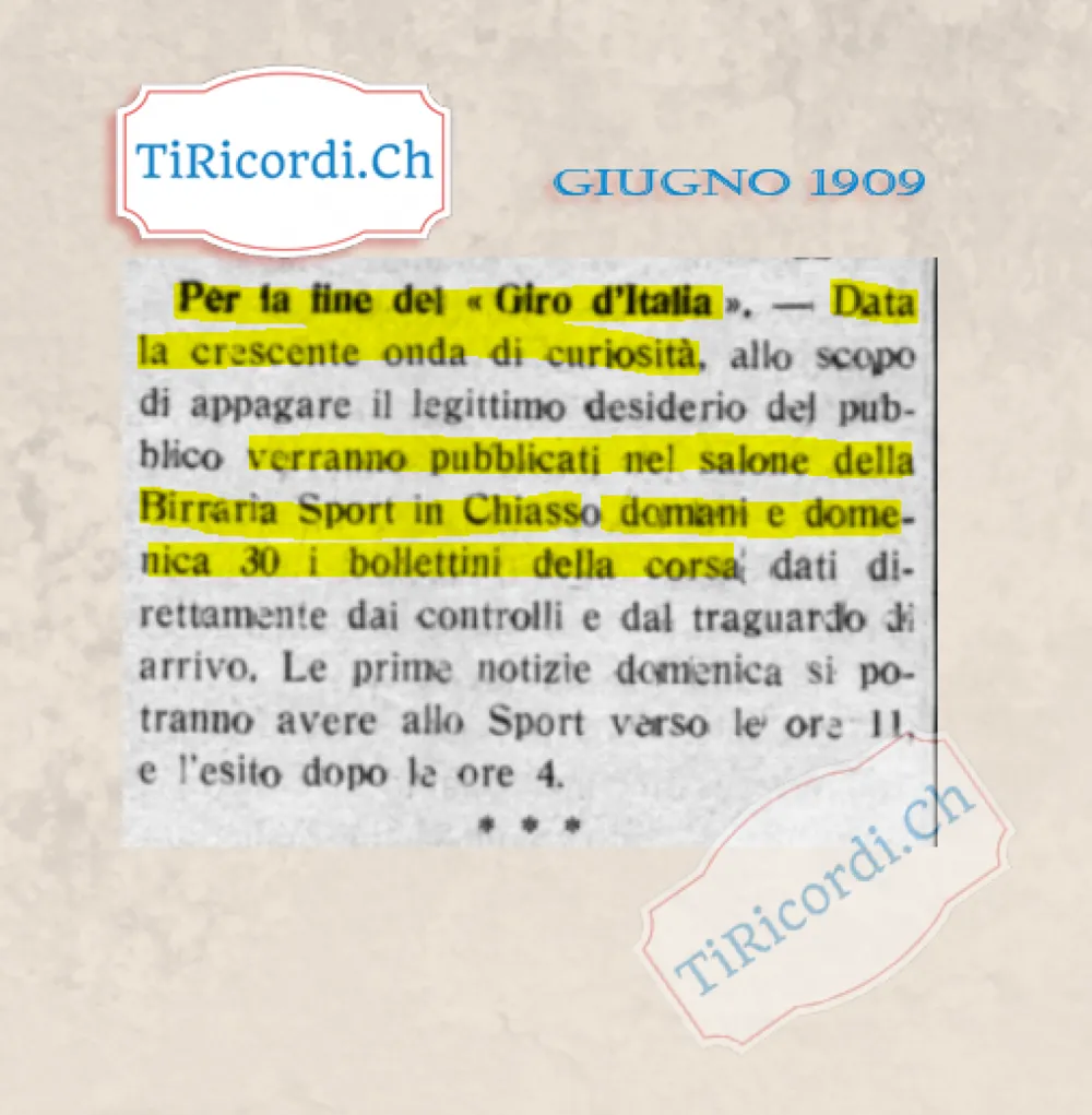 Per la fine del Giro d'Italia: i bollettini della corsa affissi nel salone della Birraria Sport di Chiasso, 1909