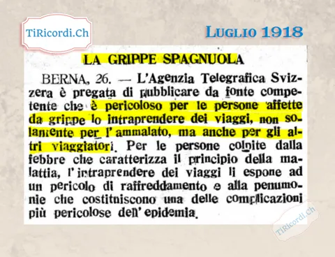 La grippe spagnola: è pericoloso per le persone affette intraprendere viaggi, non solo per l'ammalato ma anche per gli altri viaggiatori, Berna 1918
