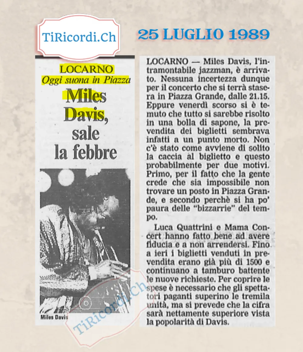 Miles Davis, sale la febbre: oggi suona in Piazza Grande a Locarno, luglio 1989