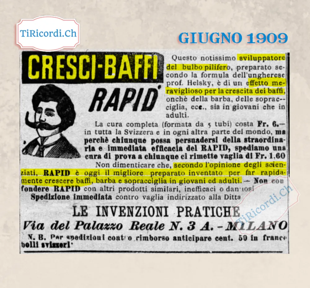 Cresci-Baffi Rapid: lo sviluppatore del bulbo pilifero del professor ungherese Helsky, cura completa 6 franchi, 1909