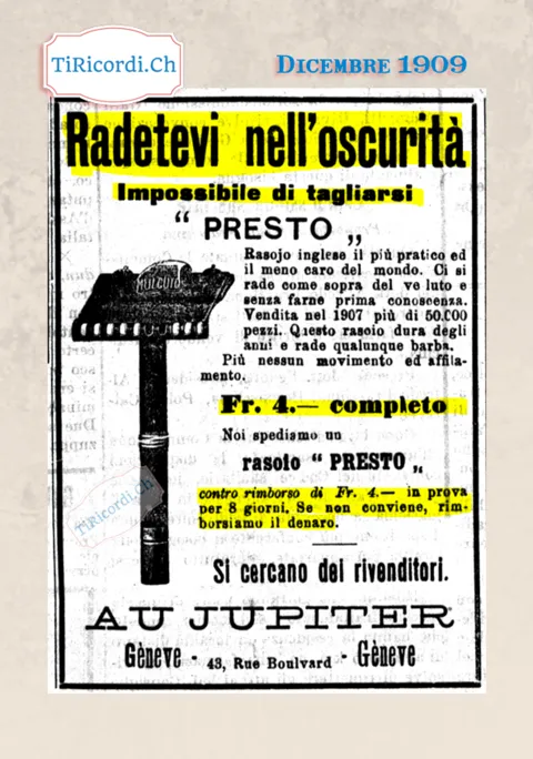 Radetevi nell'oscurità, impossibile tagliarsi: il rasoio di sicurezza Presto a 4 franchi, in prova per 8 giorni, 1909