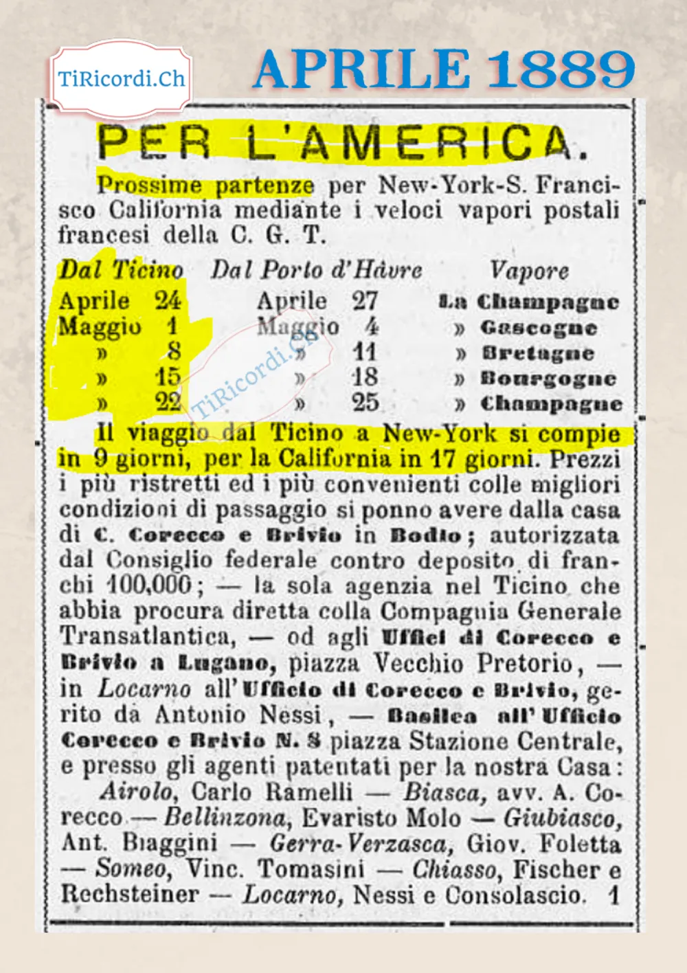 Per l'America: dal Ticino a New York in 9 giorni, in California in 17, 1889