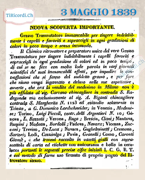 Il Grasso Trasmutatore che tinge capelli, favoriti e sopracciglia, 1839