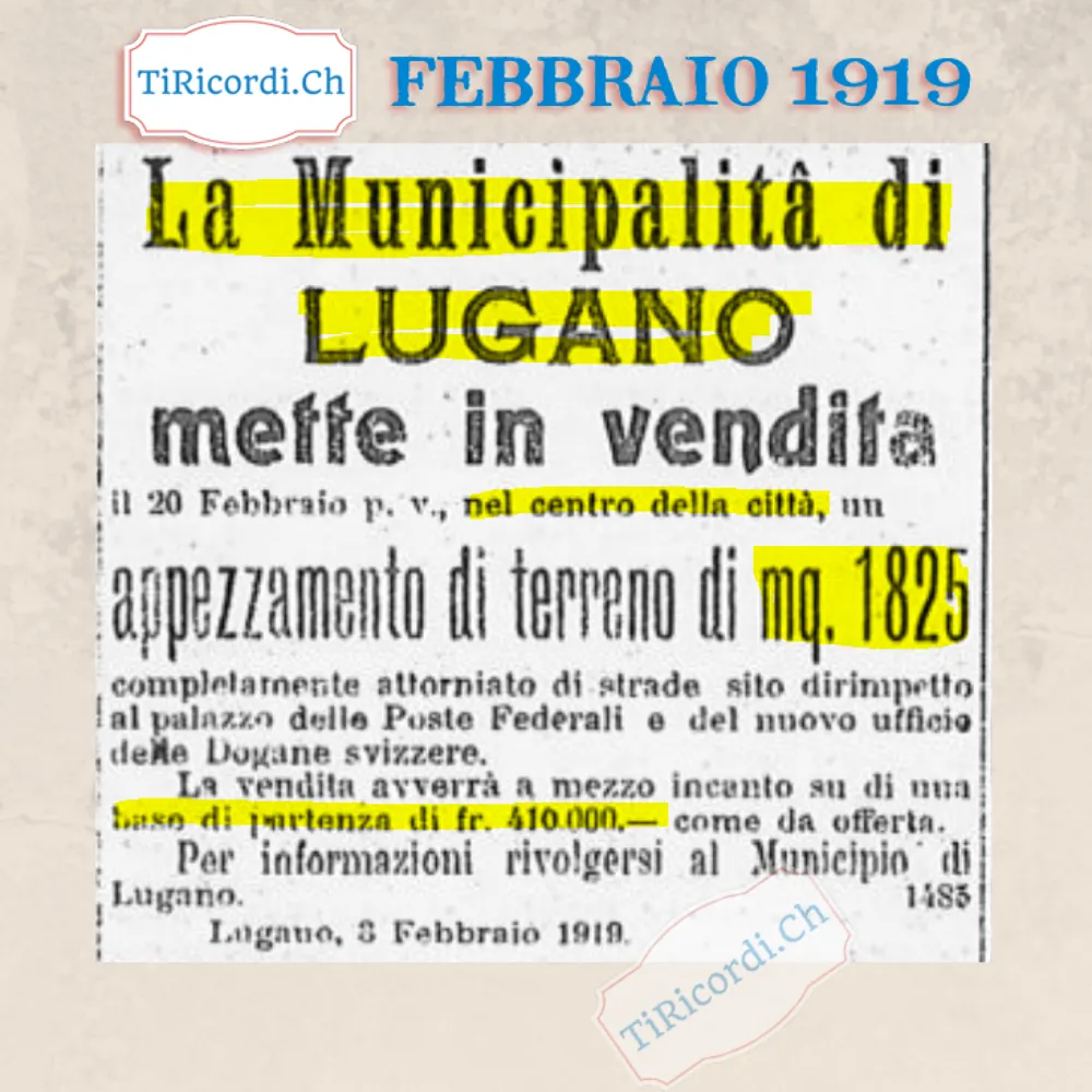 La Municipalità di Lugano mette in vendita un appezzamento di 1825 metri quadrati nel centro, davanti alle Poste, base d'asta 410 000 franchi, 1919