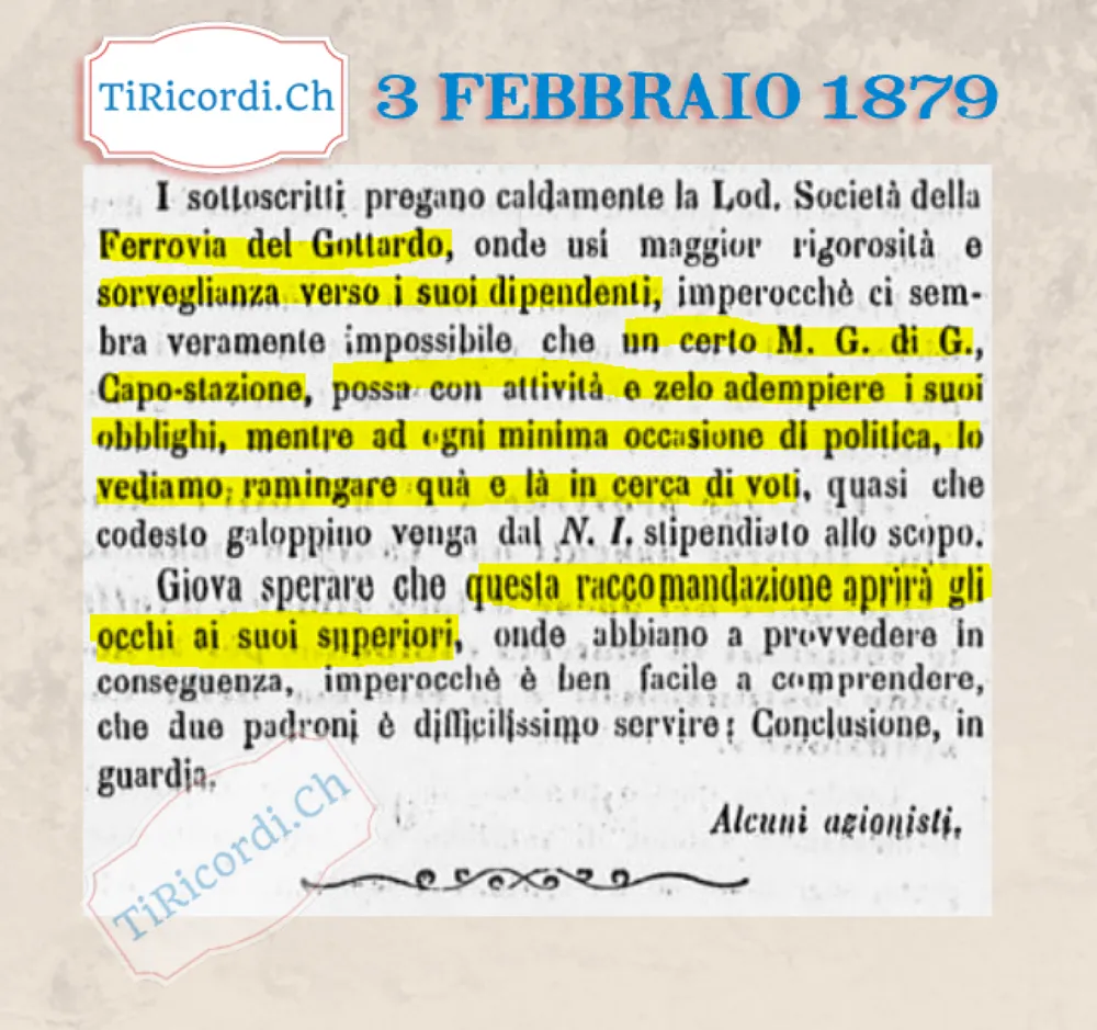 Il capostazione che fa il galoppino elettorale, denunciato dagli azionisti, 1879