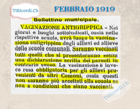 Bollettino municipale: vaccinazione antigrippica degli allievi delle scuole comunali, vaccinati tutti quelli senza dichiarazione contraria dei genitori, obbligatoria per gli allievi di altri comuni, 1919