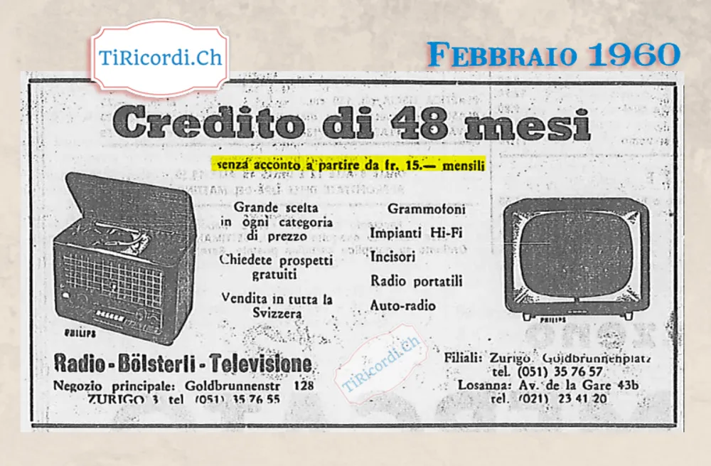 Credito di 48 mesi senza acconto a partire da 15 franchi mensili: radio, televisione, grammofoni, impianti hi-fi, radio portatili e auto-radio da Radio Bölsterli, 1960