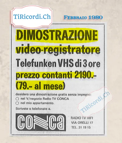 Dimostrazione video-registratore Telefunken VHS di 3 ore, prezzo contanti 2190 franchi o 79 al mese: desidero una dimostrazione gratis nel negozio o nel mio appartamento, 1980