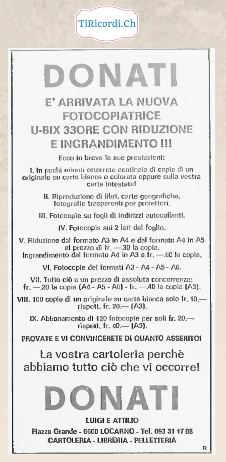 Donati, e arrivata la nuova fotocopiatrice U-Bix 330 con riduzione e ingrandimento, Locarno 1982
