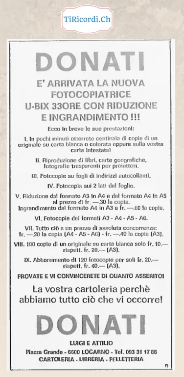 Donati, e arrivata la nuova fotocopiatrice U-Bix 330 con riduzione e ingrandimento, Locarno 1982