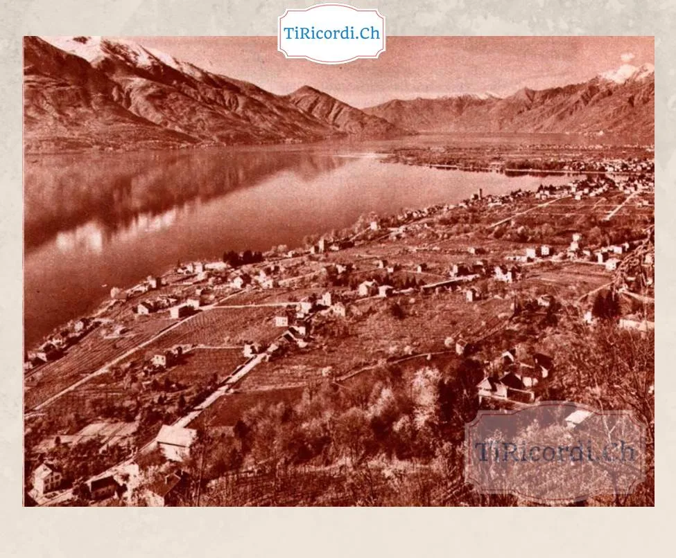 Il Piano di Magadino e il delta della Maggia visti dall'alto nell'ottobre 1938: campi, vigne e case sparse dove oggi c'è la città