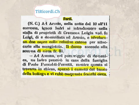 Rubate due capre con le catene ad Arosio e 50 franchi dalla bottega ad Ascona, 1898