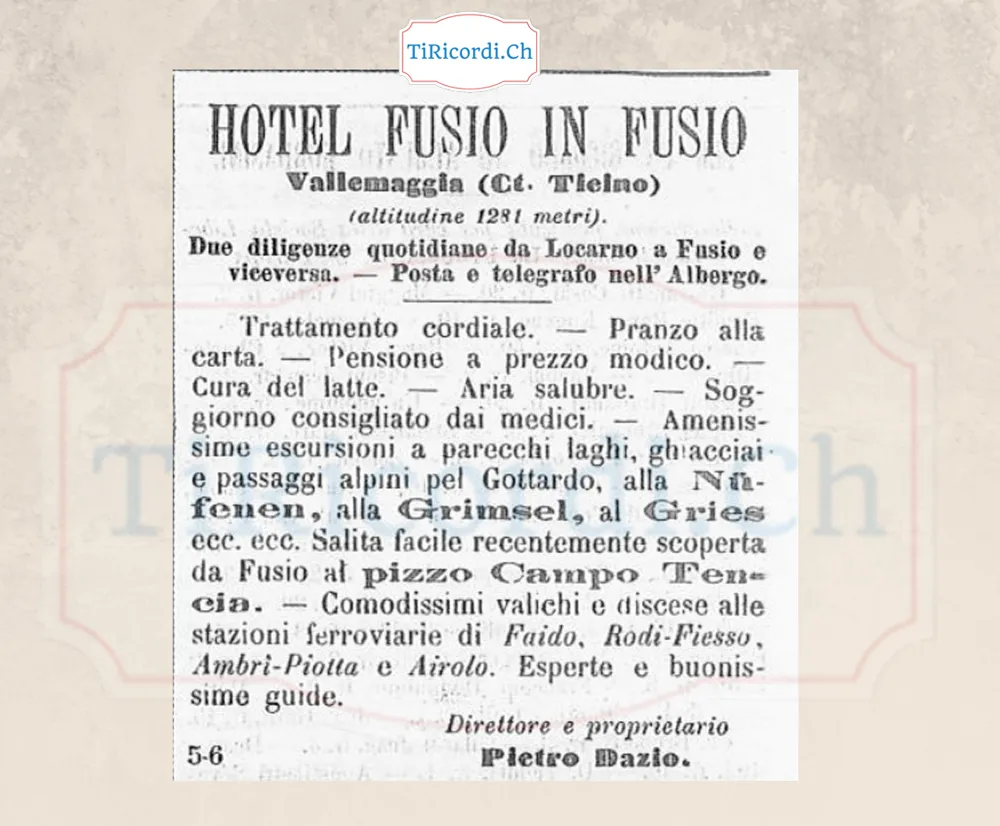 Hotel Fusio, 1281 metri: cura del latte, aria salubre, posta e telegrafo, 1888