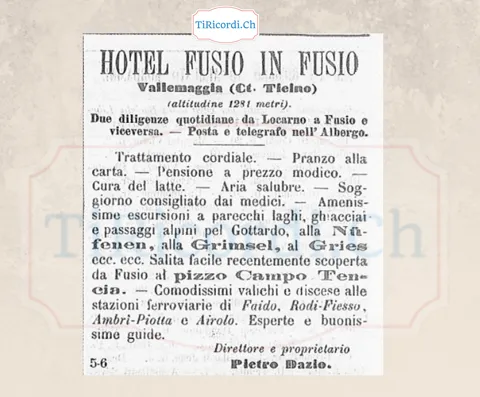 Hotel Fusio, 1281 metri: cura del latte, aria salubre, posta e telegrafo, 1888