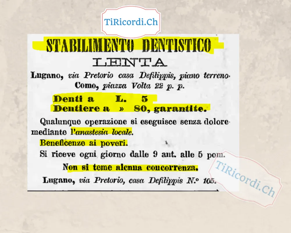Stabilimento dentistico Lenta: denti a 5 lire, dentiere a 80, garantite, 1889