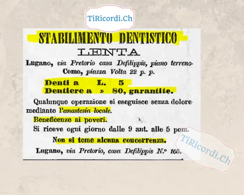 Stabilimento dentistico Lenta: denti a 5 lire, dentiere a 80, garantite, 1889